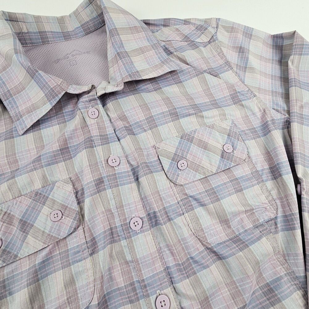 Eddie Bauer Womens Large Plaid Hiking Shirt Long Sleeve Roll Tab Outdoor Pink
